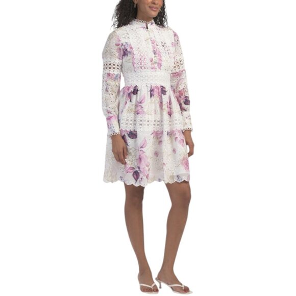 dalia macphee lace dress DALIA MACPHEE size L pink bow lace short sleeve floral pleat Cottagecore dress